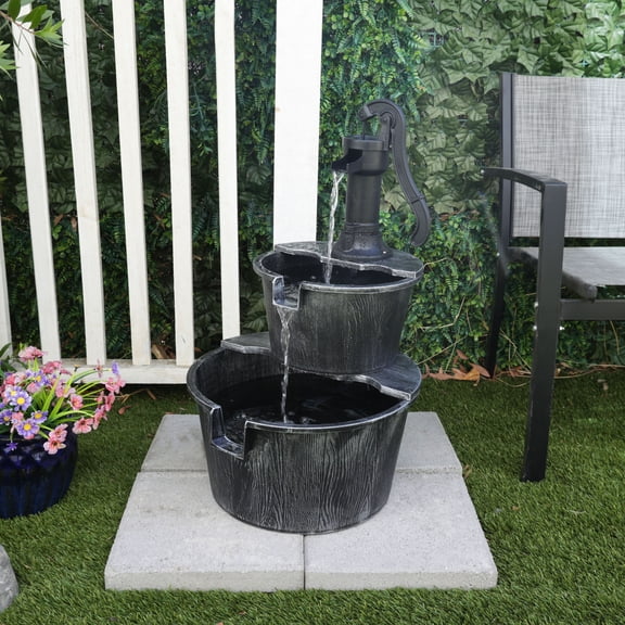 Alpine Corporation 27" Outdoor Rustic 2-Tier Barrel and Pump Water Fountain with LED Lights  Garden, Patio, or Yard Dcor, Silver