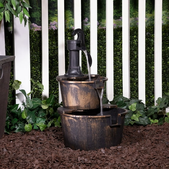 Alpine Corporation 27" Two-Tier Barrel & Pump Outdoor Fountain, Bronze
