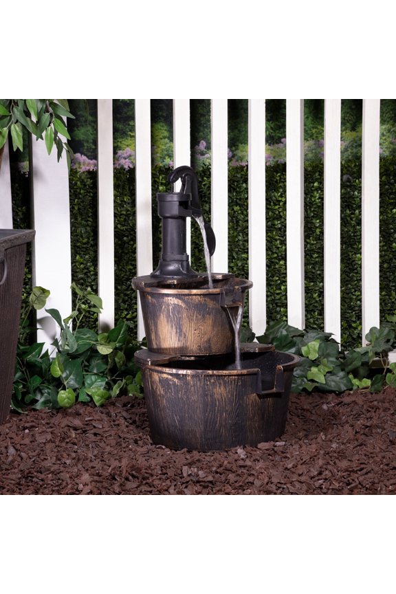 27" Two-Tier Barrel & Pump Outdoor Fountain, Bronze