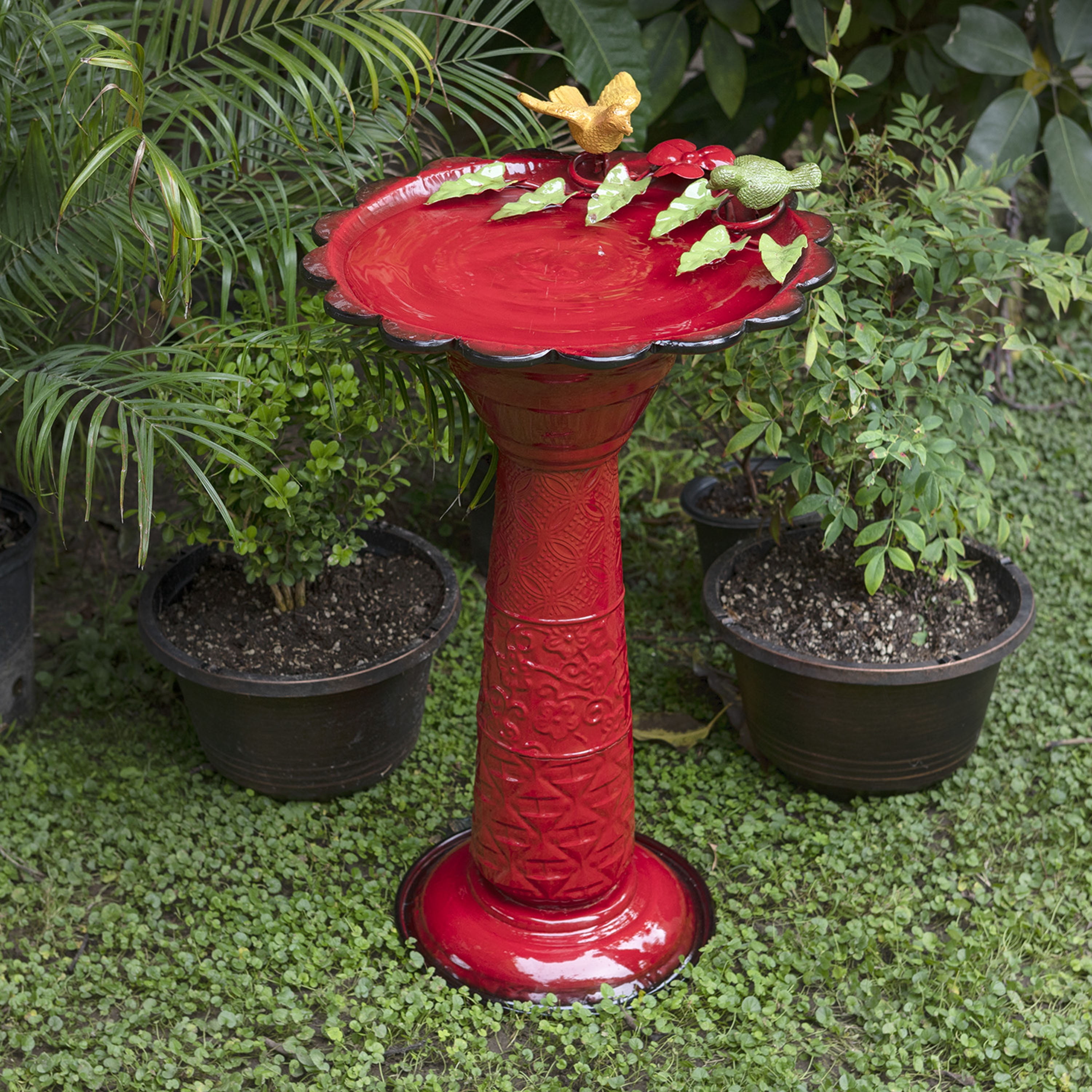 Red Metal Bird Bath with Birds and Leaves, 28-Inch
