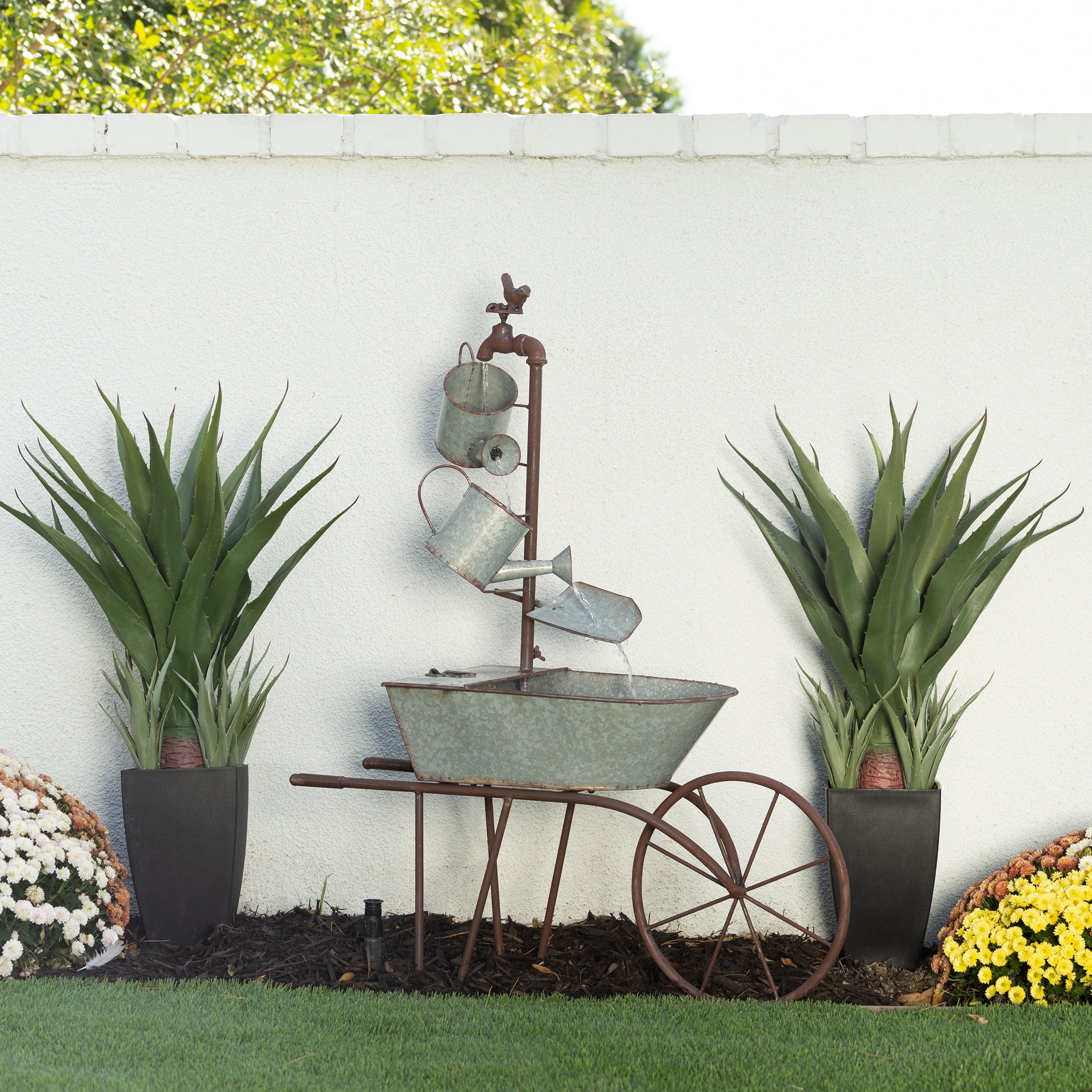 36" Silver Metal Wheelbarrow and Watering Can Fountain