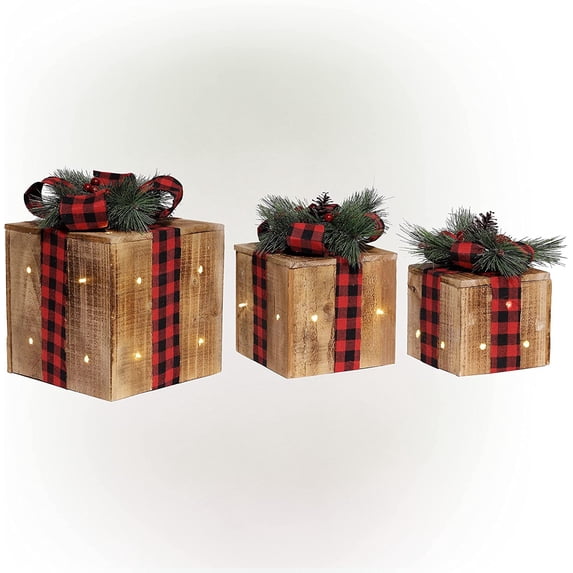 Alpine Corporation 3-Piece Decorative Wooden Christmas Gift Box Set with LED Lights