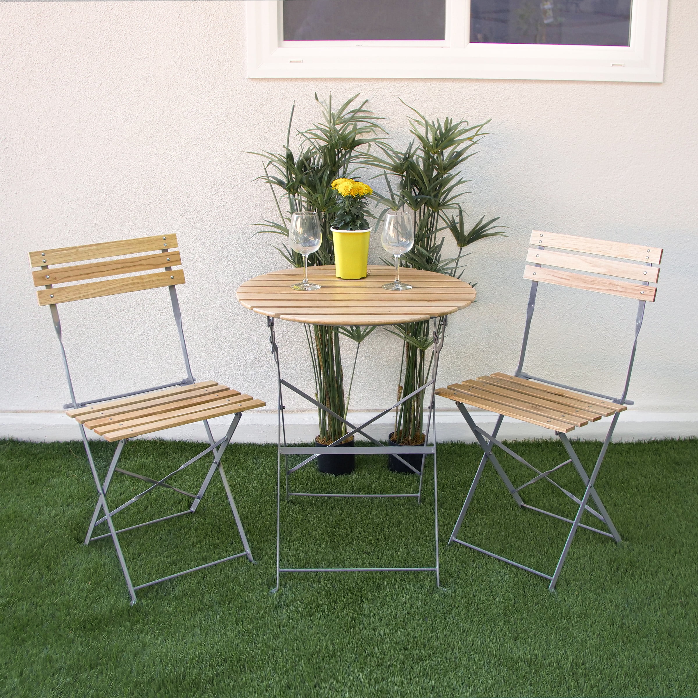 Natural Wood and Metal 3-Piece Folding Bistro Set