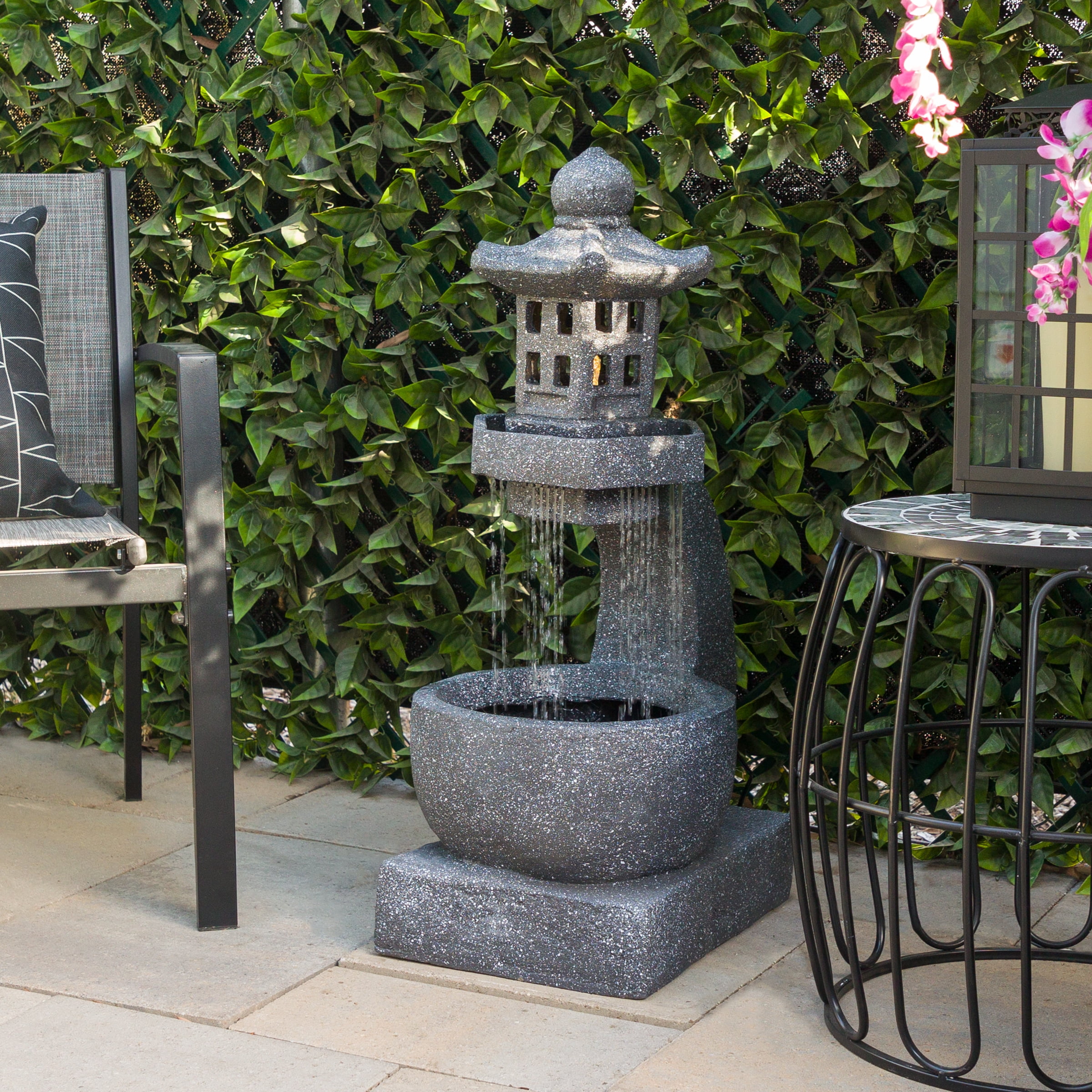 Gray Cement Zen Pagoda Fountain with LED Lights, 31"