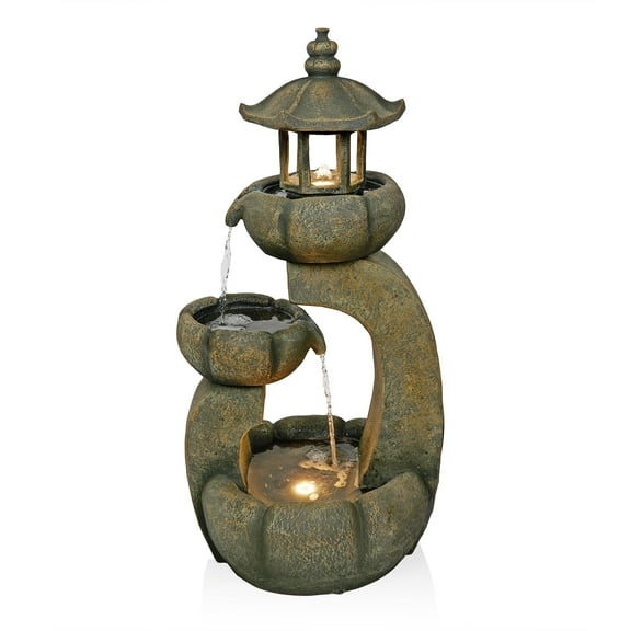 Alpine Corporation 32"H Layered Pagoda Polystone Fountain with LED Lights