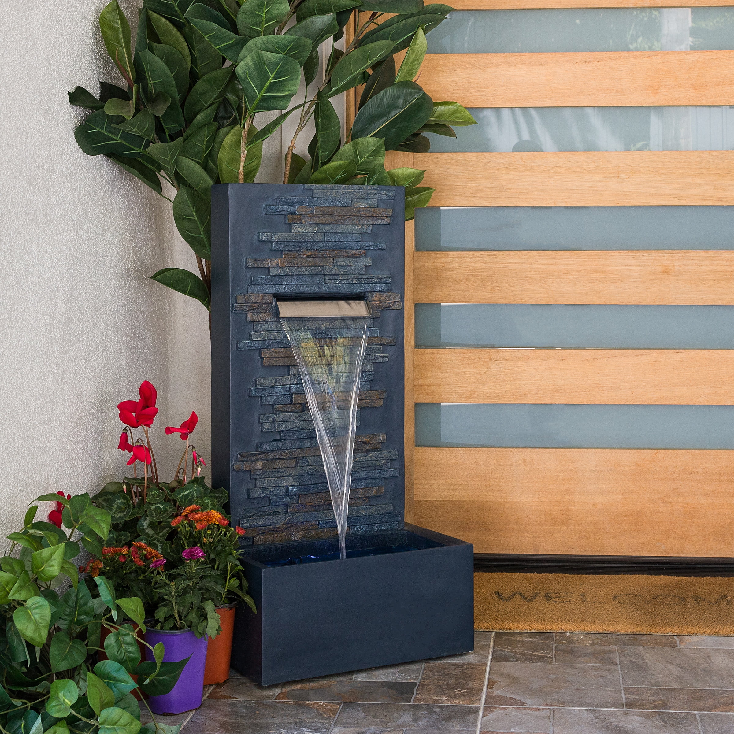 Gray Polystone and Fiberglass Cascading Wall Fountain with LED Lights