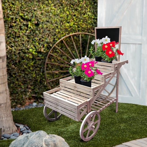 Alpine Corporation MBB100 59" Tall Indoor/Outdoor Wooden Cart Plant and Display Stand with Chalkboard, Rustic Fir Wood Garden Planter Decor, Light Brown