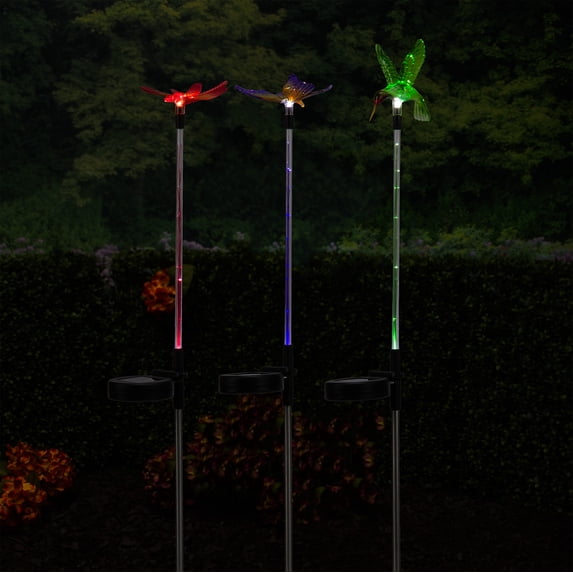 Alpine Corporation 33" Tall Butterfly, Hummingbird, Dragonfly Solar Fiber Optic LED Pathway Light Garden Stakes (Set of 3)