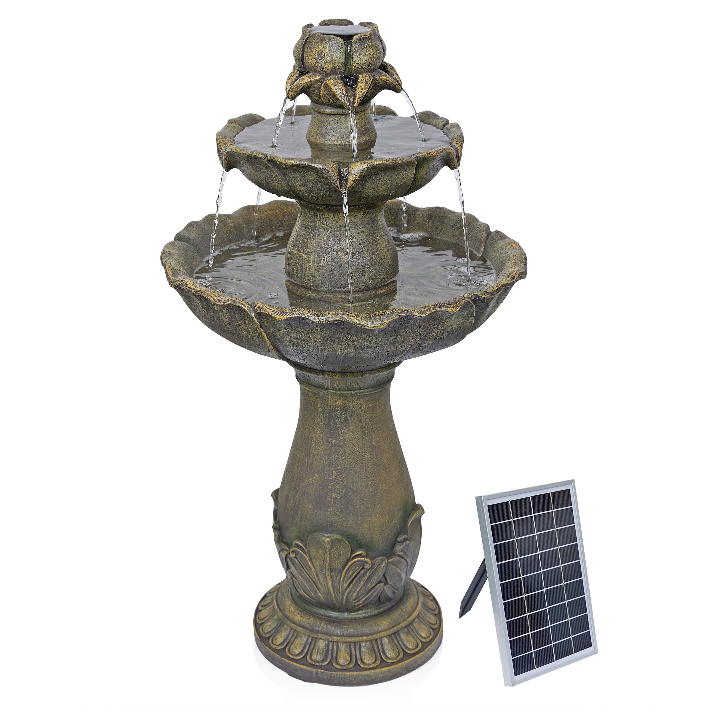 34" Tan Polyresin Solar Flower Style Tiered Fountain