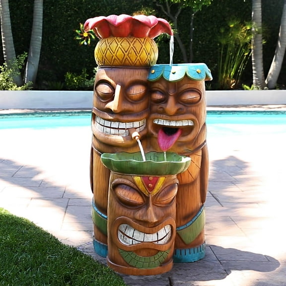 Alpine Corporation 35" 3-Tiered Colorful Tiki Head Water Fountain with LED Lights - Indoor/Outdoor Tropical Waterfall for Garden, Patio, and Yard Décor