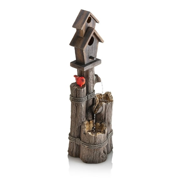 Alpine Corporation WCT1002 35" Tall Outdoor 3-Tier Birdhouse Water Fountain with Cardinal Accent, Rustic Floor Decor for Garden and Patio, Brown