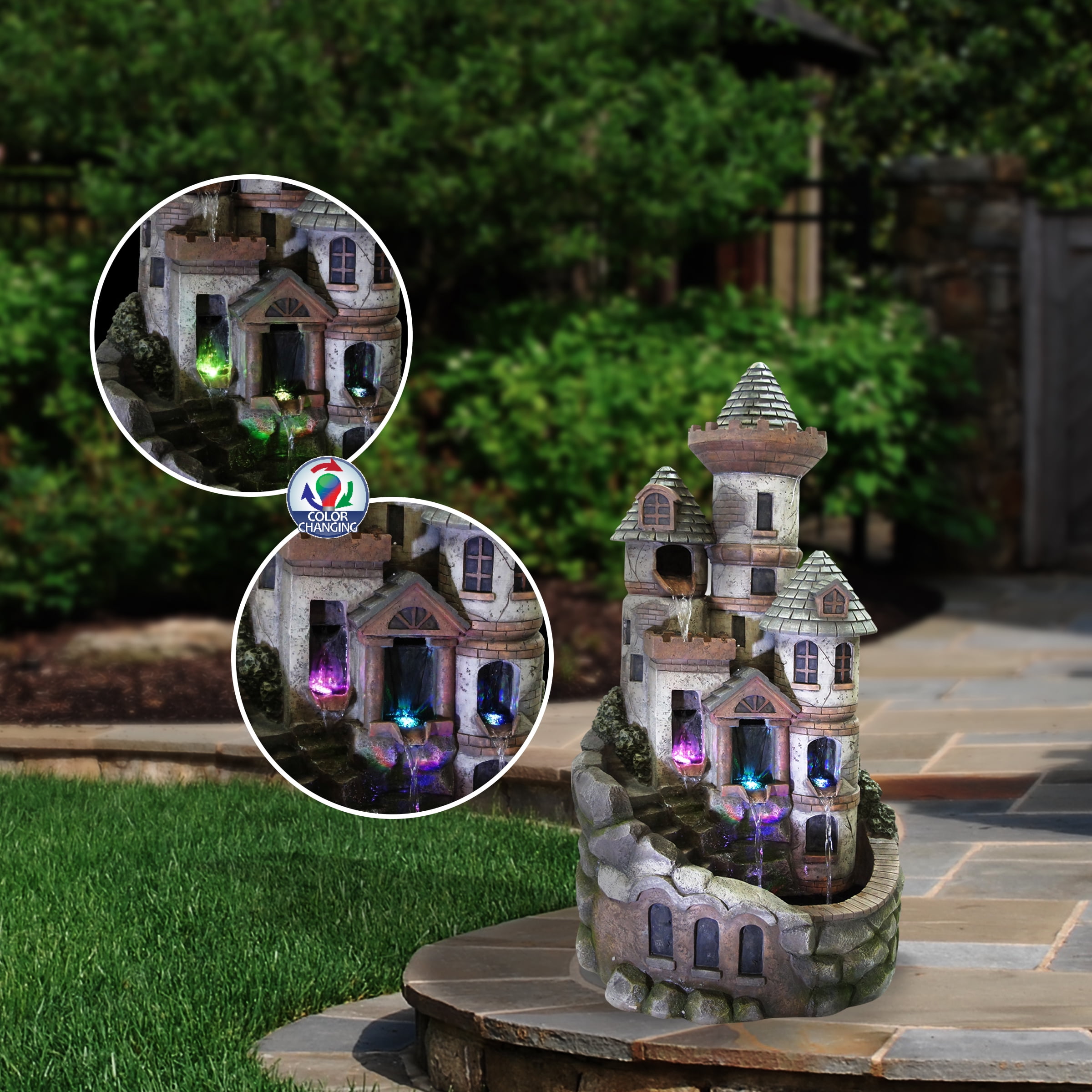 35" Gray Cement Outdoor Castle Fountain with LED Lights