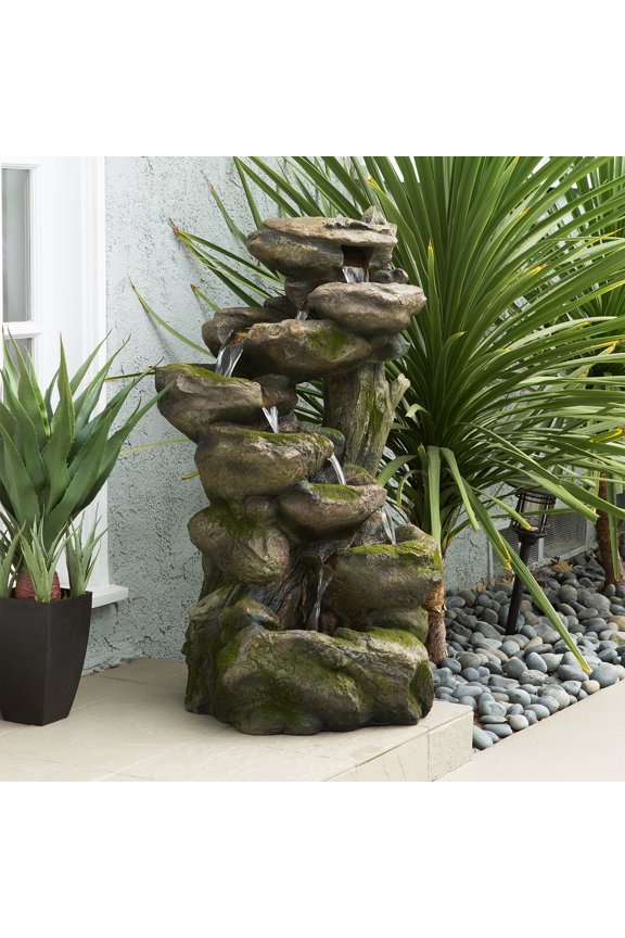 39-Inch Outdoor 6-Tier Stone Fountain with LED Lights