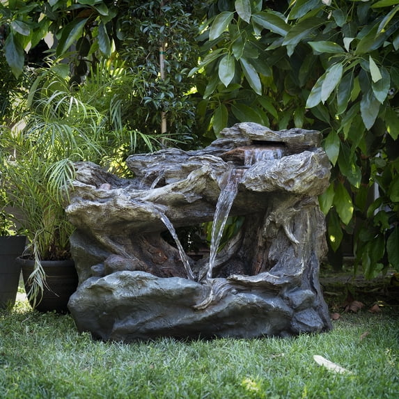 Alpine Corporation 40" x 23" x 30" Outdoor Polystone Light-Up Rainforest Plug-In Fountain, Brown