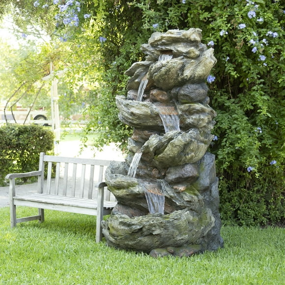Alpine Corporation 42" x 33" x 81" Outdoor Weathered Wood Tiered Stone Fountain