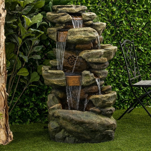Alpine Corporation 51" Tall Outdoor Rainforest Floor Fountain with LED Lights and Bluetooth Speaker