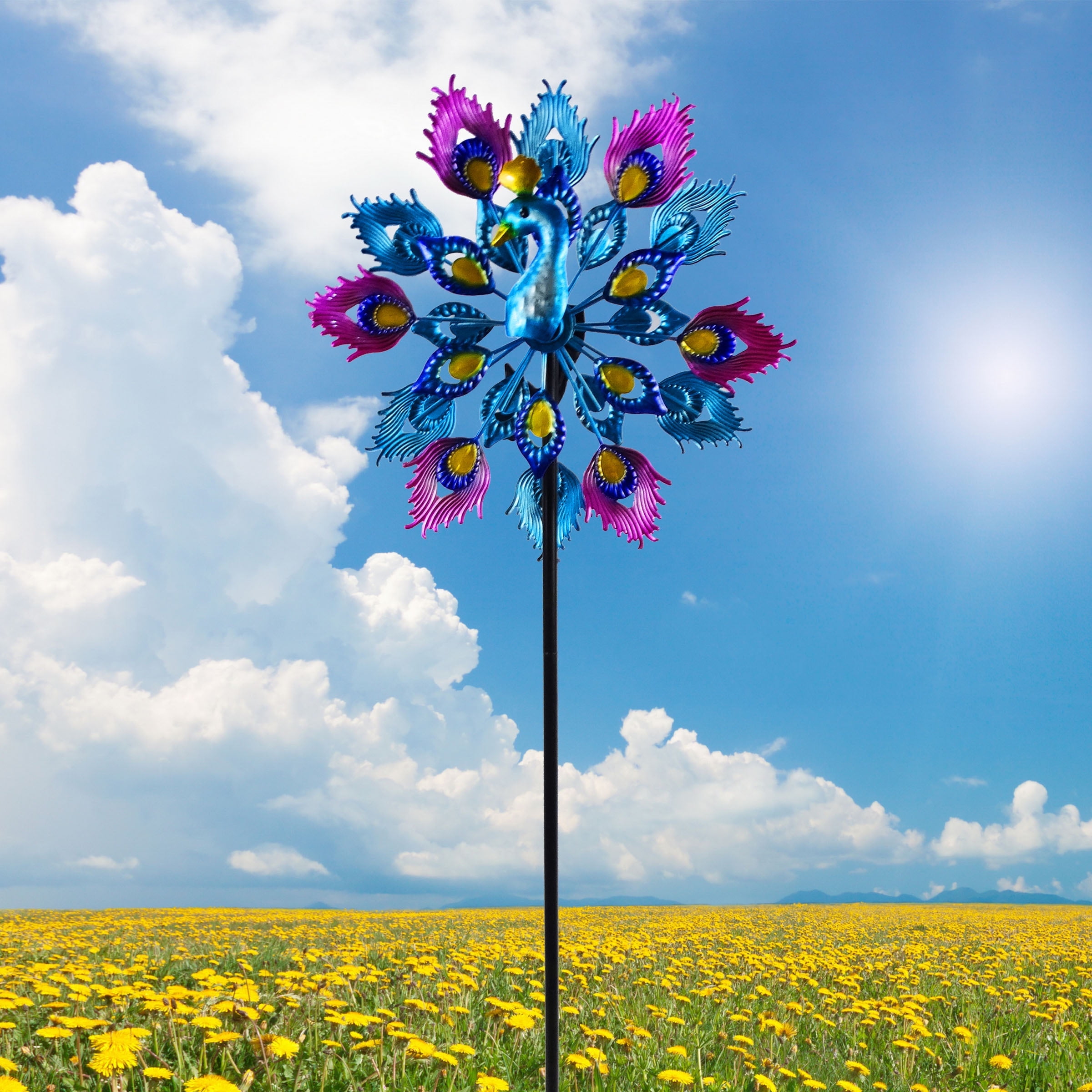 55'' Multicolor Iron Double Layer Peacock Wind Spinner Garden Stake