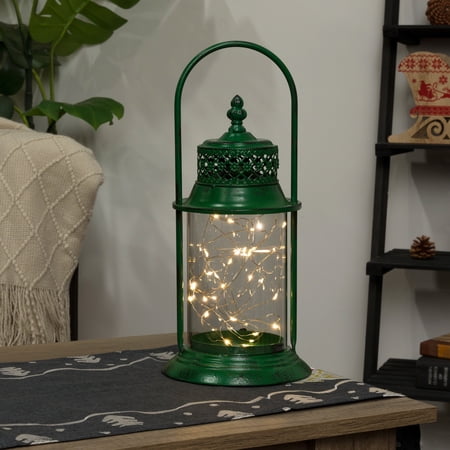 Alpine Corporation 6" x 15" Vintage Metal Holiday Lantern with Battery-Powered LED Lights, Green