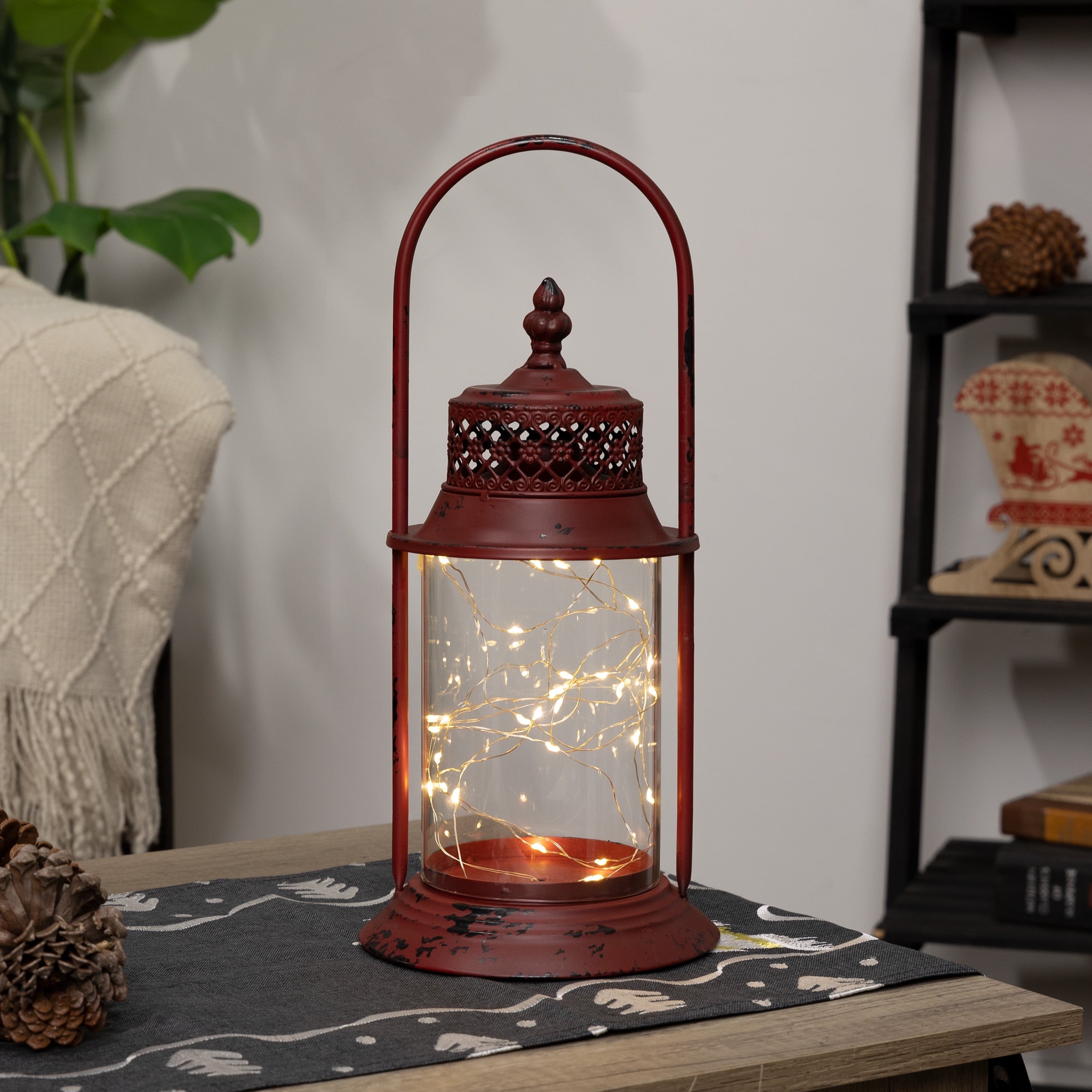 Red Antique Metal and Glass Lantern with Warm LED Lights