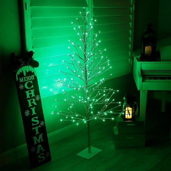 Alpine Corporation 60/68-Inch Silver Christmas Tree with Green LED Lights