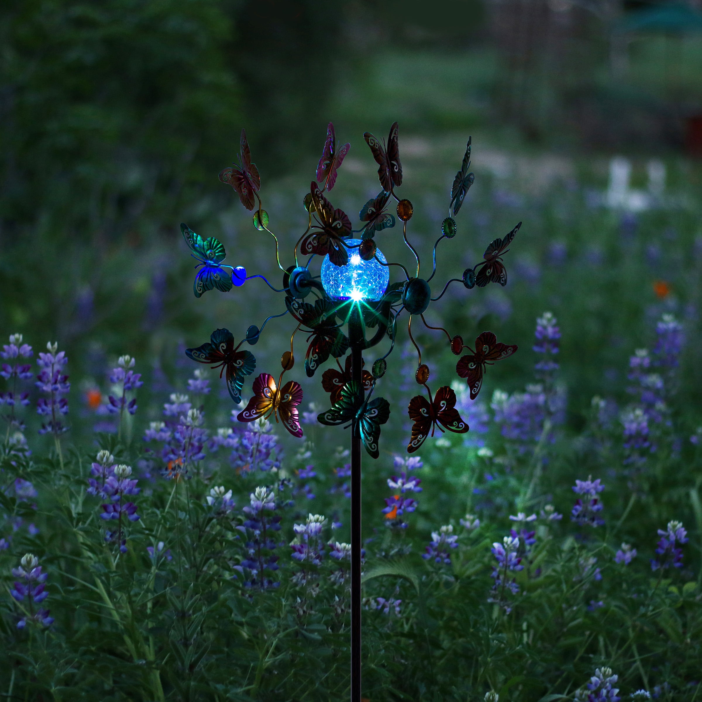 61" Multicolor Metal Butterfly Wind Spinner with Solar LED Light