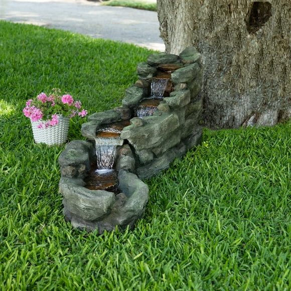 Alpine Corporation 61" x 18" x 20" Polystone Light-Up Cascading Floor Pump Fountain, Mossy Brown