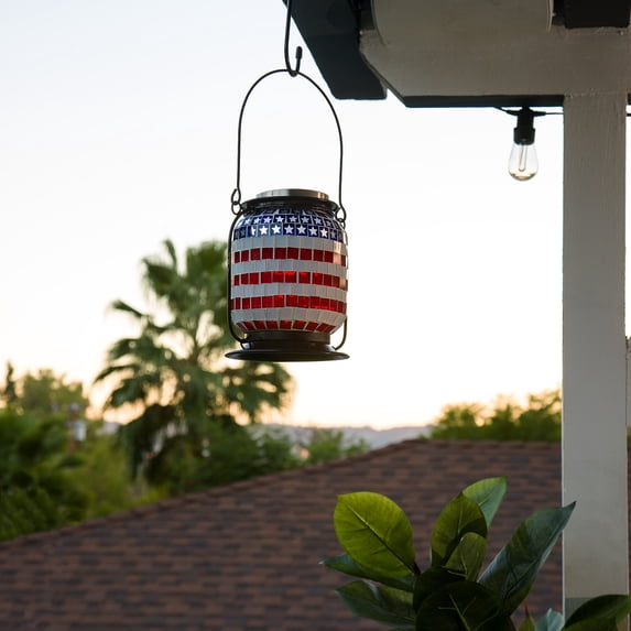 Alpine Corporation 7" Outdoor Metal Solar Patriotic Lantern with LED Light, Red/Blue