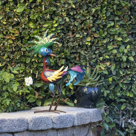 Alpine Corporation 7" x 16" x 19" Glossy Metal Rooster Garden Statue, Multicolor