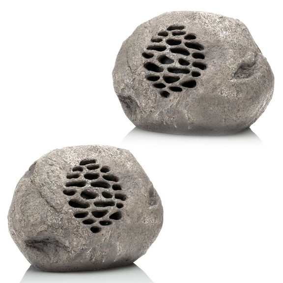 Alpine Corporation QLP952SLR-GR-2 9" H Solar Bluetooth Rock Speaker Set of 2, Gray, Outdoor Audio