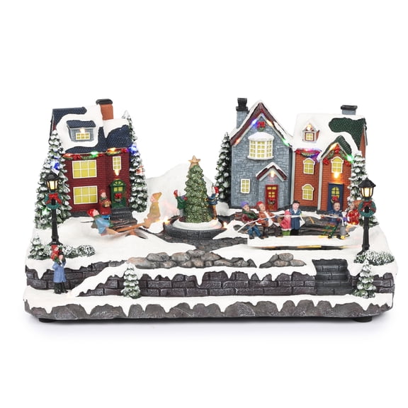 Alpine Corporation Animated Children Playing in Christmas Village Holiday Tabletop Decor with 26 Multicolor LED Lights and 5.9' Cord, 17" L x 11" W x 9" H