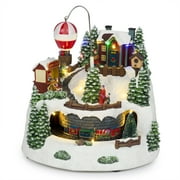 Alpine Corporation Animated Christmas Village Holiday Tabletop Decor with 17 Multicolor LED Lights, Train, and Hot Air Balloon, 11" L x 11" W x 11" H