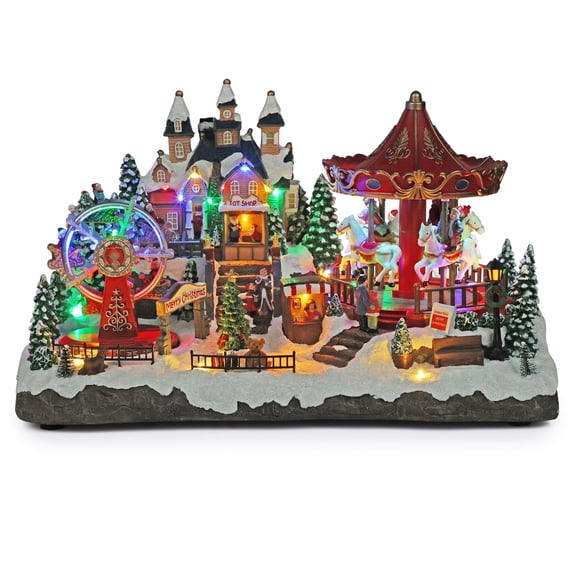 Alpine Corporation Animated Musical Christmas Theme Park Decor with 37 Multicolor LED Lights, 8 Holiday Songs, Moving Rides, and 5.9' Cord, 19" L x 12" W x 12" H
