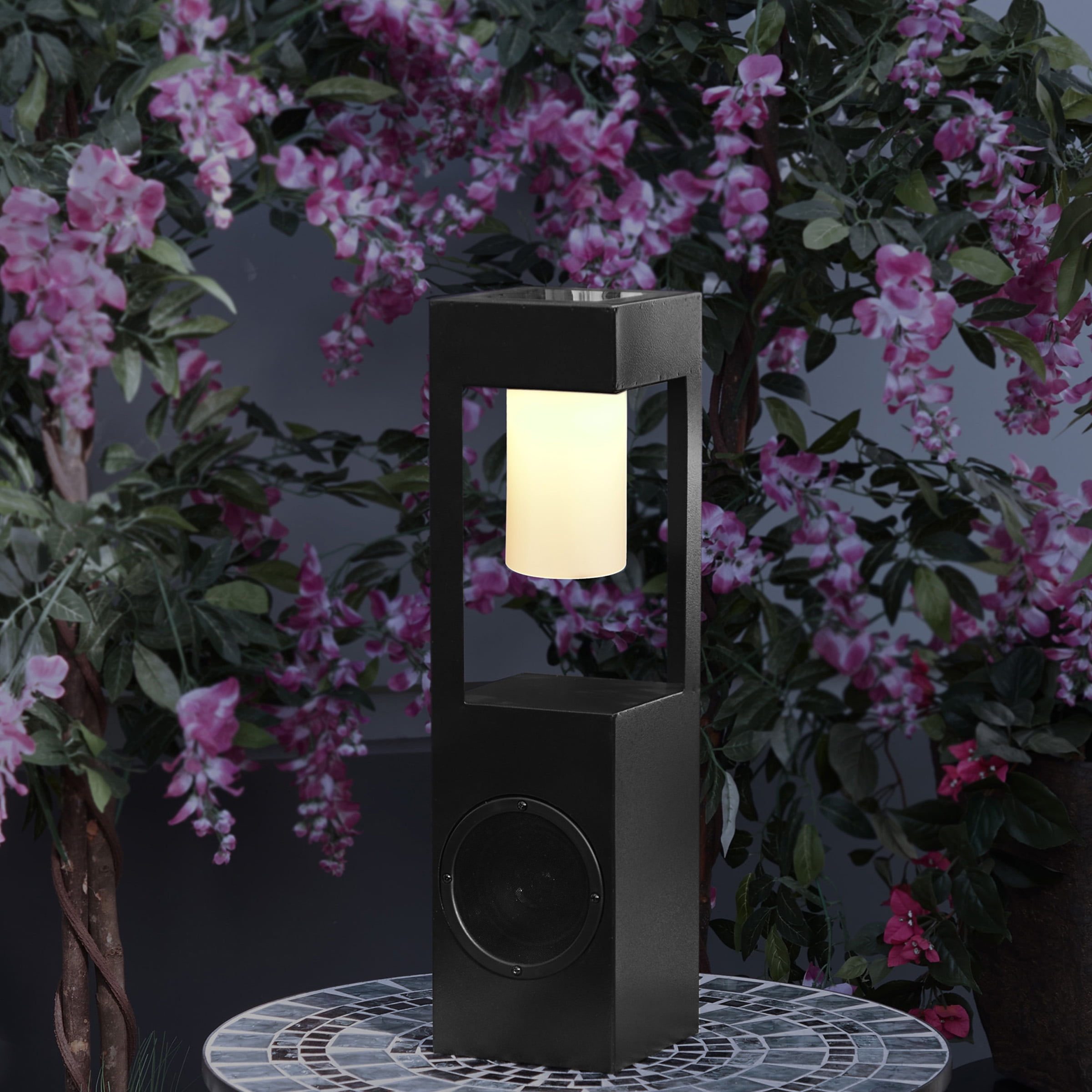 24'' Black Metal Solar LED Outdoor Lantern with Bluetooth Speaker