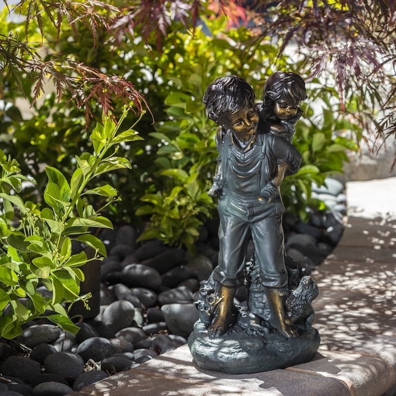 Alpine Corporation Boy Giving Piggyback Ride Statuary, 16 Inch Tall