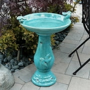 Alpine Corporation Ceramic Pedestal Bird Bath with Bird Figurines, Turquoise