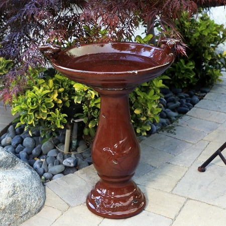 Alpine Corporation Ceramic Pedestal Birdbath with 2 Bird Figurines, Deep Red