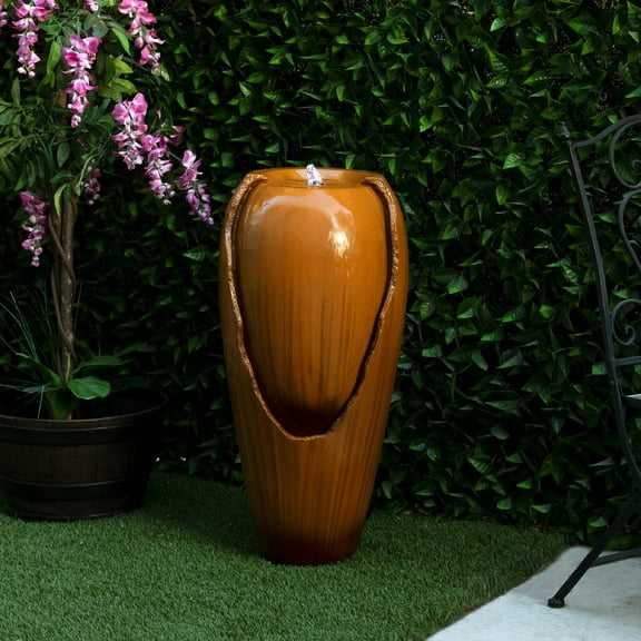 Alpine Corporation DIG100XS-BR Outdoor Floor Antique Jar Water Fountain with LED Lights, Vintage LED Waterfall, 33", Brown