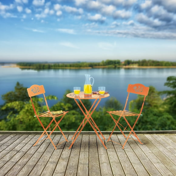 Alpine Corporation Floral Outdoor Patio Bistro Set, Metal 3-Piece Set, Orange