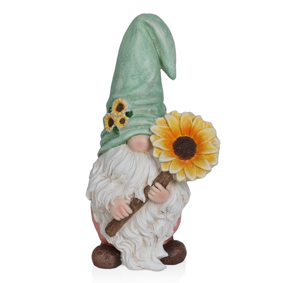 Alpine Corporation Gnome with Turquoise Hat Holding Sunflower Decor
