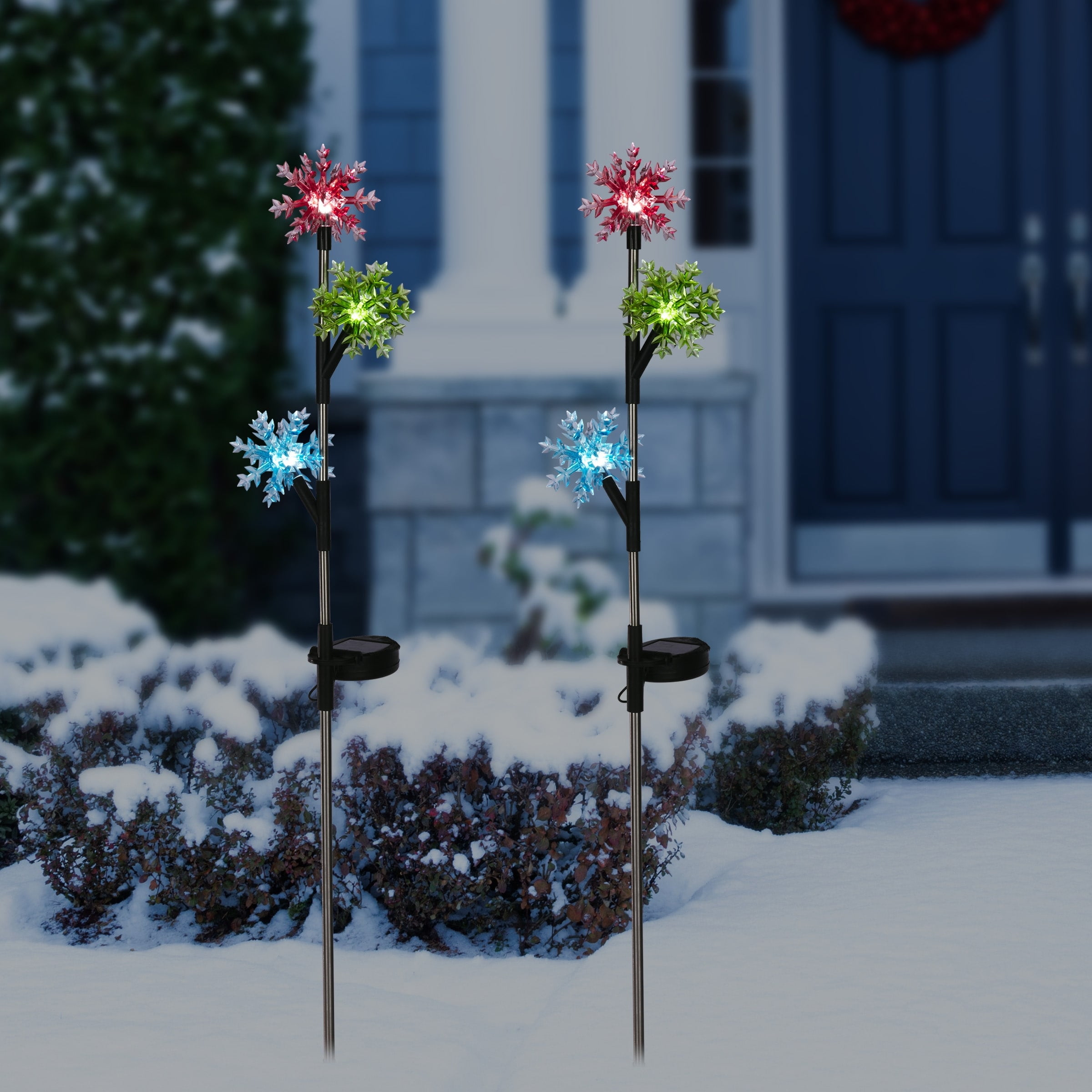 Solar Powered Multi-Color LED Snowflake Garden Stakes, Set of 2