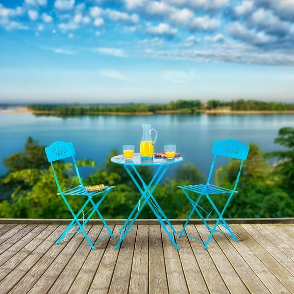 Alpine Corporation MSY100A-BL Indoor & Outdoor 3-Piece Bistro Set – Folding Table and Chairs, Vibrant Blue Patio Seating Set – Durable Steel Construction - Easy to Store