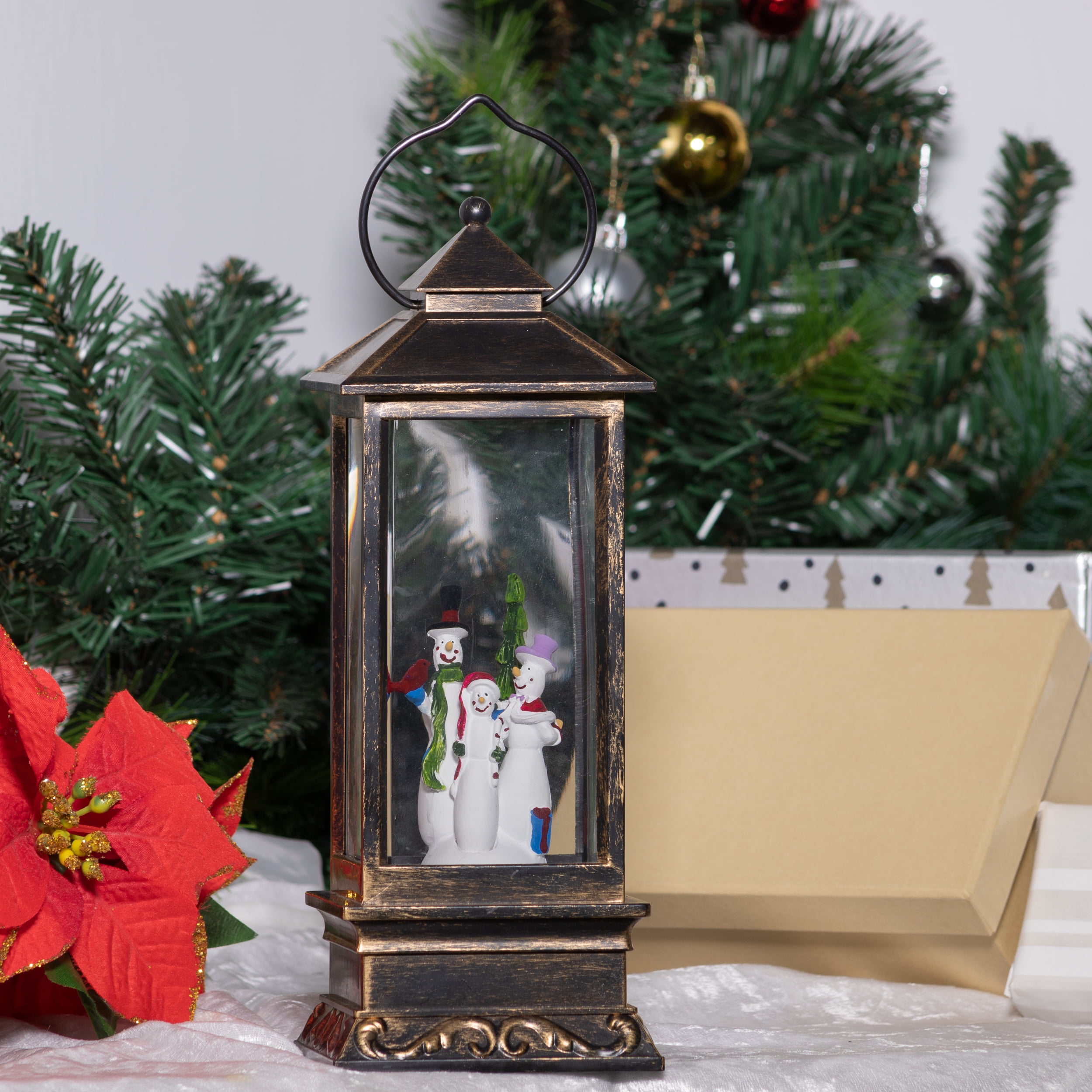 Alpine Corporation Lantern Snowman Snow Globe with LED Light, Brushed Bronze