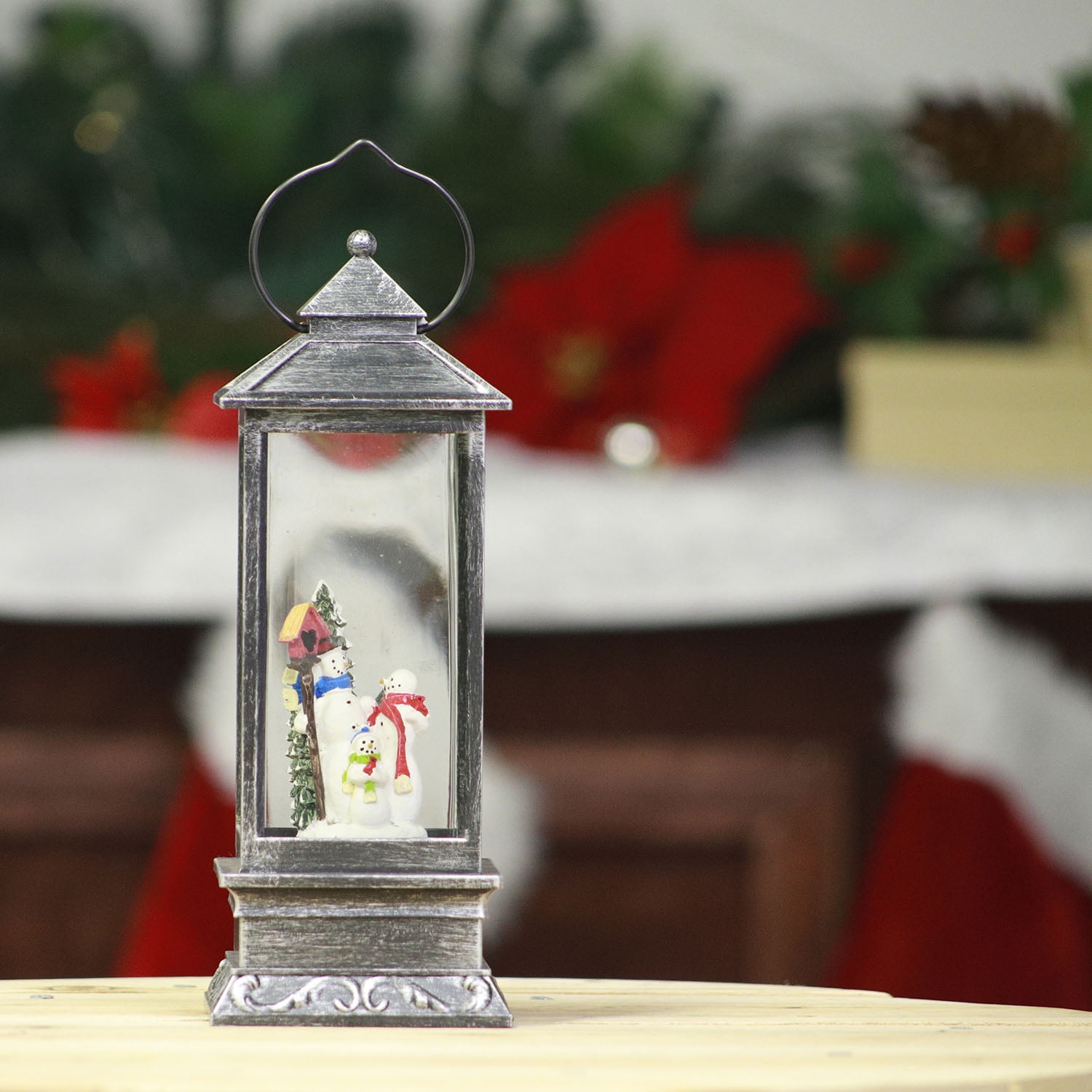 Alpine Corporation Lantern Snowman Snow Globe with LED Light, Silver