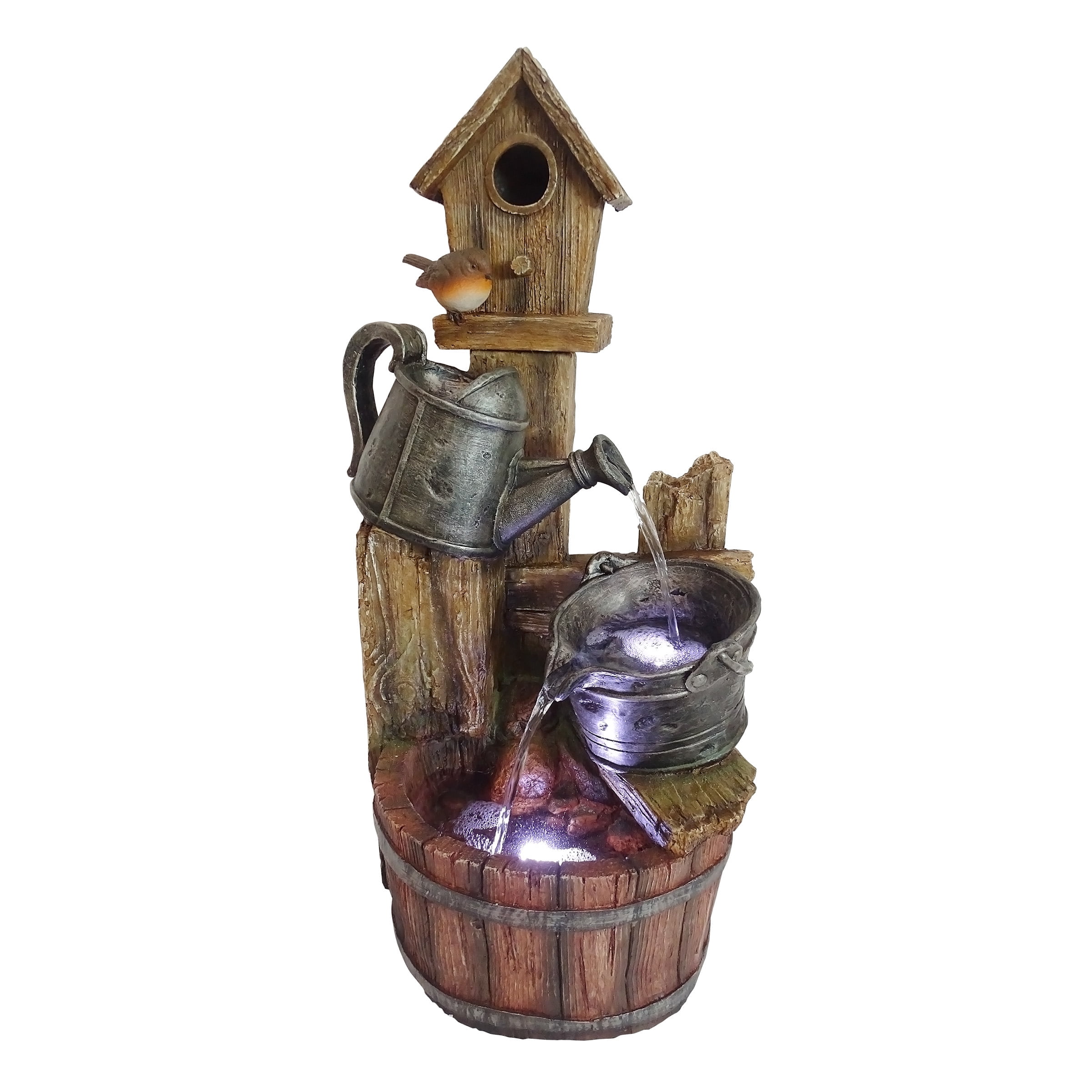 Rustic Polystone Watering Can Birdhouse Fountain with LED Lights