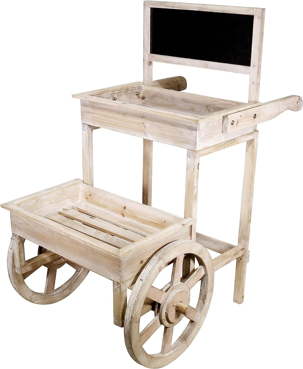 Charming Vintage White Fir Wood Cart Plant Stand with Chalkboard