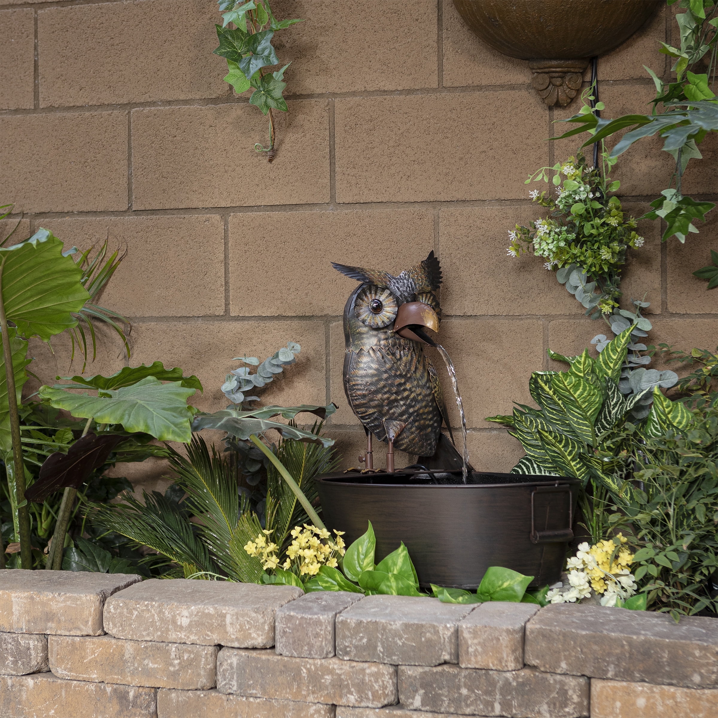 23" Brown Metal Owl Fountain with Tub
