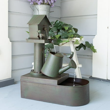 Alpine Corporation Metal Tiering Birdhouse into Water Can Fountain, 24 Inch Tall