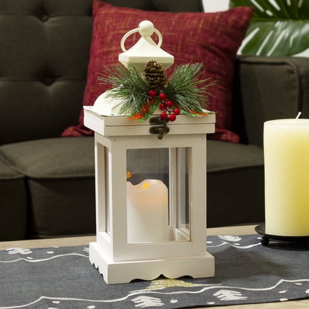 Alpine Corporation Metal and Glass Lantern with Warm LED Light Faux Candle White