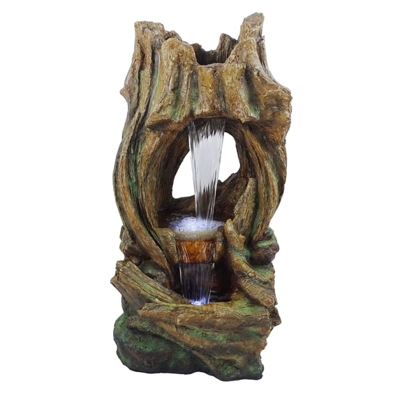 Alpine Corporation Open Tree Trunk Fountain with Cool White LED Lights