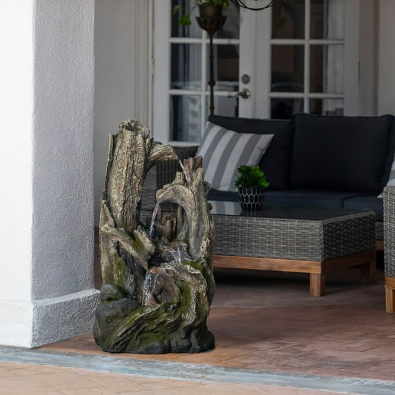 Alpine Corporation WIN786 40" Tall 4-Tier Rainforest Tree Trunk Waterfall Fountain with LED Lights, Outdoor Patio and Garden Decor